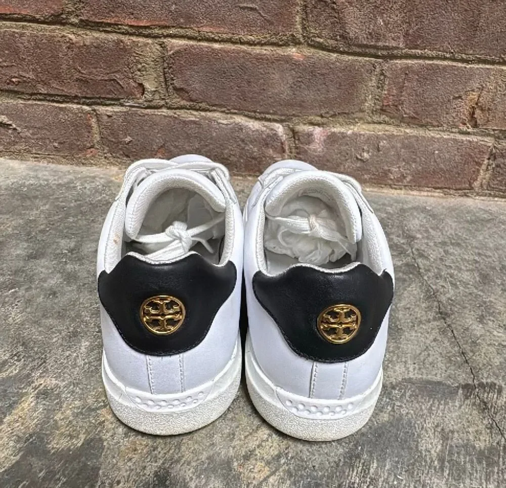 Tory Burch Howell T-Saddle Court Sneakers White Leather Leopard Fur Size 8